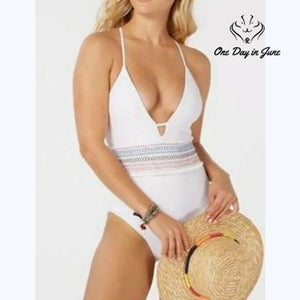 Bar III Smocking Solids Plunge One Piece Swimsuit White Rainbow NWT Size XL