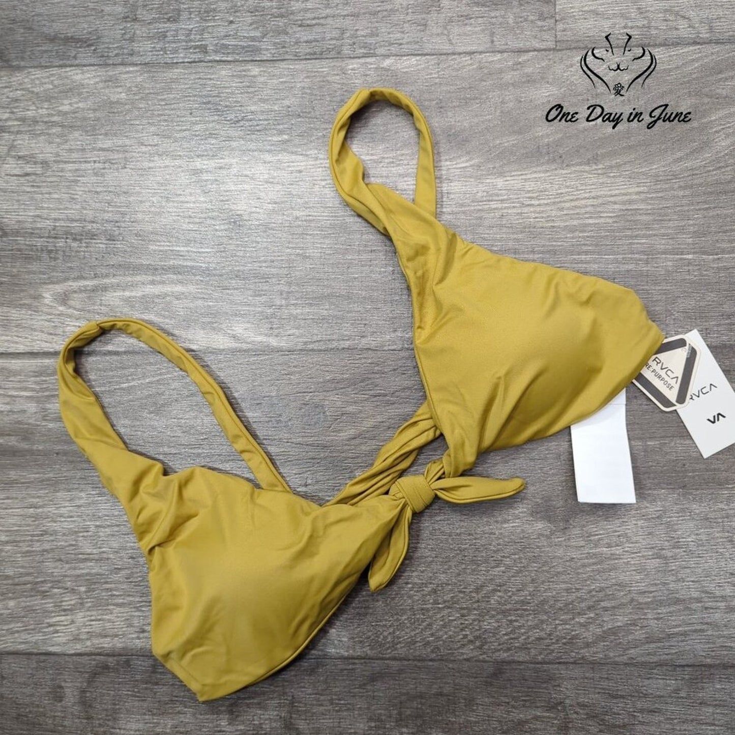 RVCA Tie Front Bralette Bikini Top Mustard Yellow Gold NWT $60 Size L