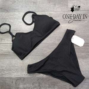 Soly Hux Smocked Textured Crop Bikini Swimsuit Black 2 Piece NWT Size S