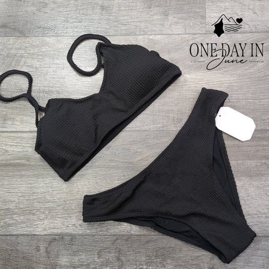 Soly Hux Smocked Textured Crop Bikini Swimsuit Black 2 Piece NWT Size S
