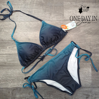 Charmo Ombre Triangle Halter Tie Side Bikini Swimsuit Teal Navy NWT Size M