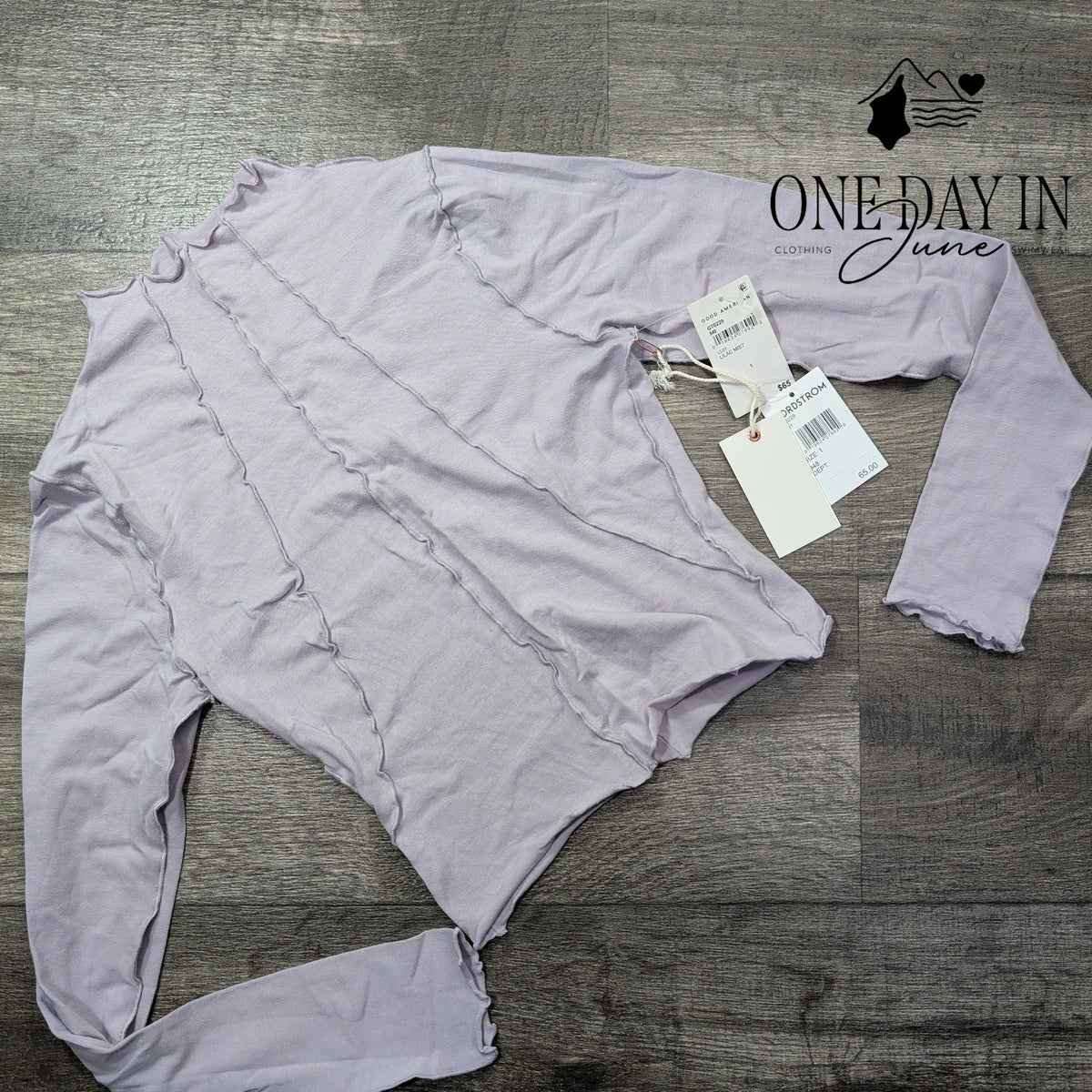 Good American Lettuce Edge Mock Neck Crop Top Lilac Mist NWT Size 1