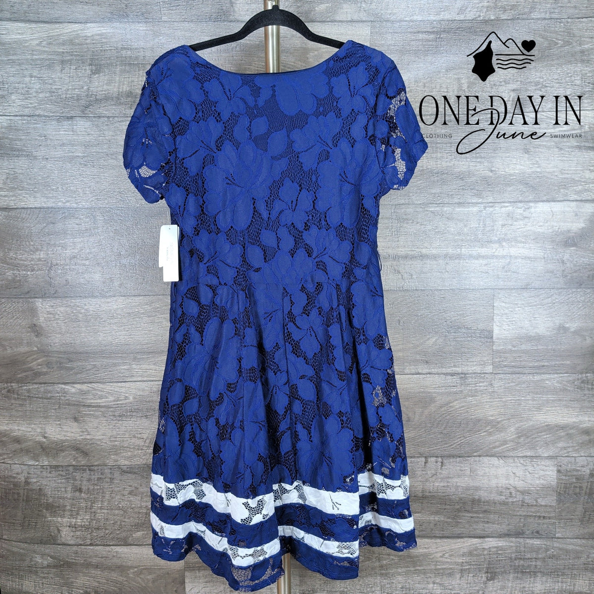 Signature by Robbie Bee Floral Lace Fit Flare Dress Navy Ivory NWT Size 10