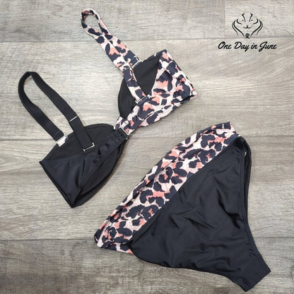 ODIJ Colorblock  Leapoard Knot Bikini Swimsuit Size L