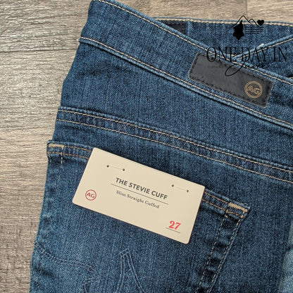 AG Adriano Goldschmied Stevie Cuff Slim Straight Blue Cuffed Crop NWT Size 4 (27