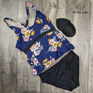 Amzbrly Floral Tankini Swimsuit Navy Blue Padded Two Piece Swim Set Size M