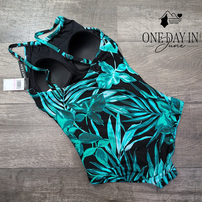 Jantzen High Neck Tropical One Piece Swimsuit Black Teal NWT $95 Size 6