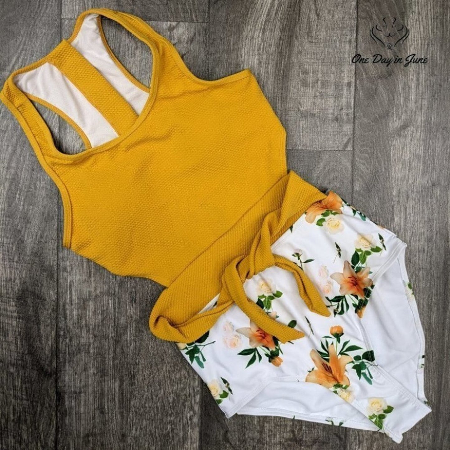 Molybell Floral Cutout One Piece Swimsuit Mustard Yellow High Waist NWT Size S