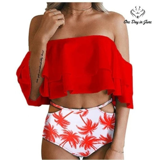 Tempt Me High Waist Off Shoulder Ruffled Bikini Size S