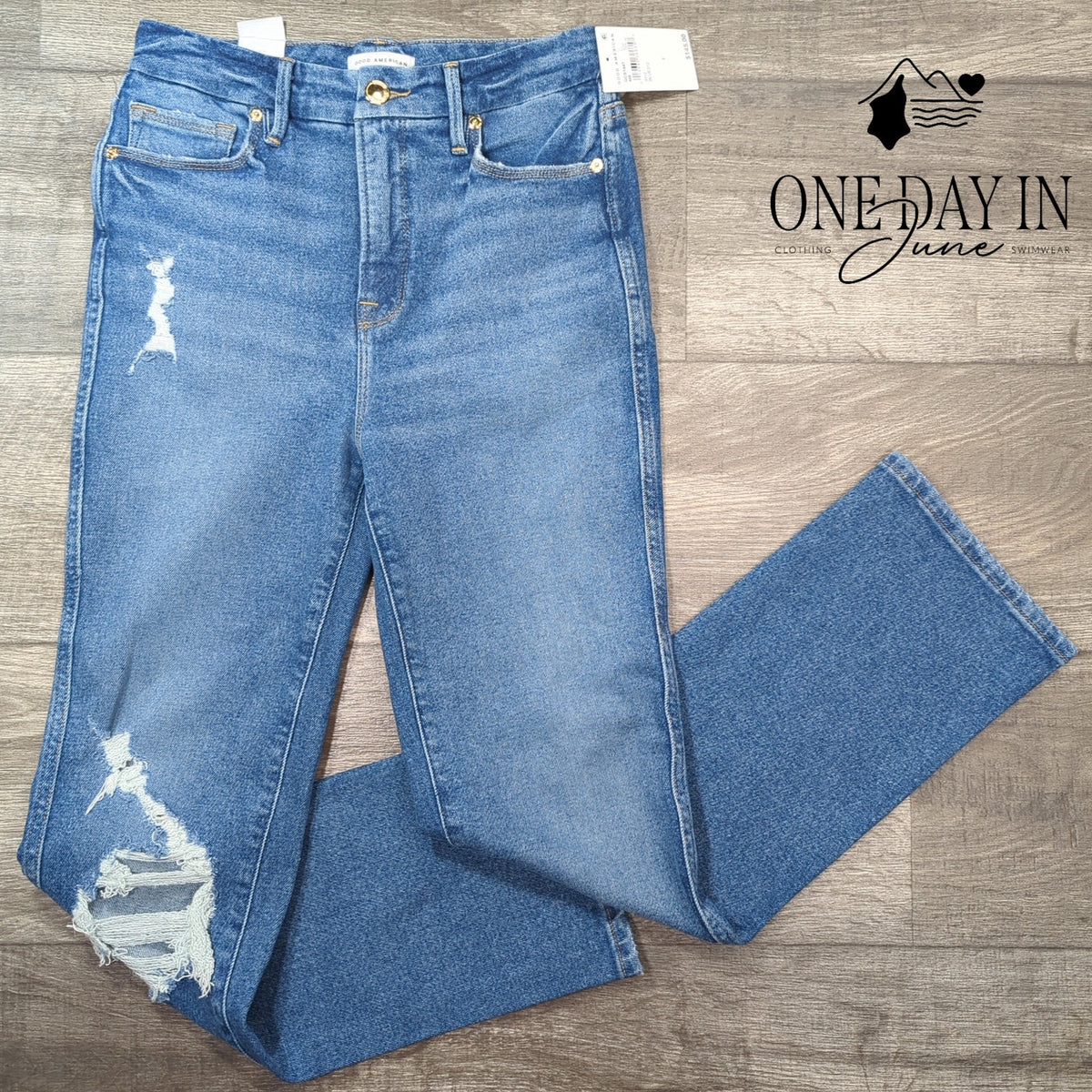Good American Good Curve Straight Distressed Jeans Blue NWT $145 Size 2