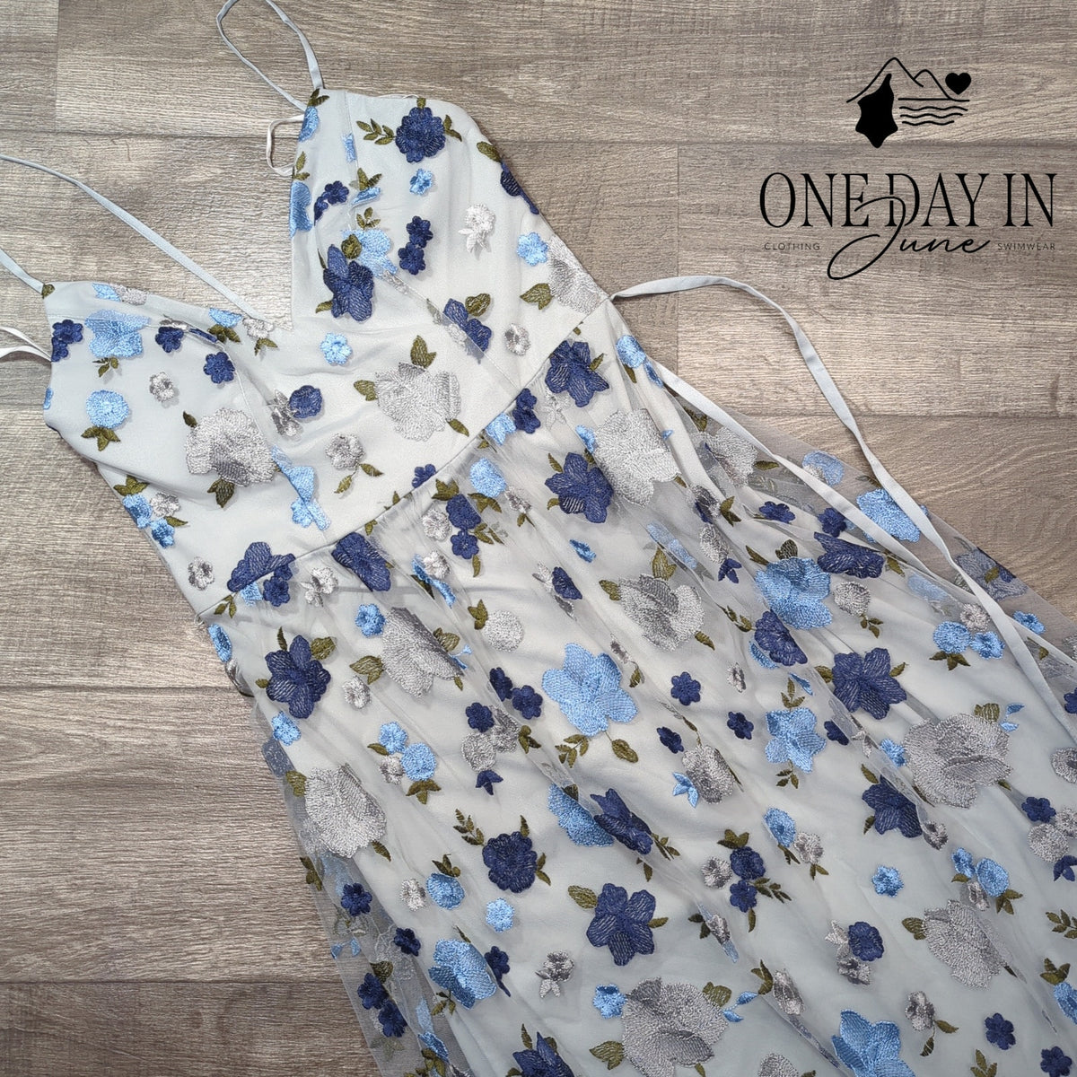 David's Bridal Floral Embroidered Mesh Maxi Dress Mystic Blue NWT Size 8