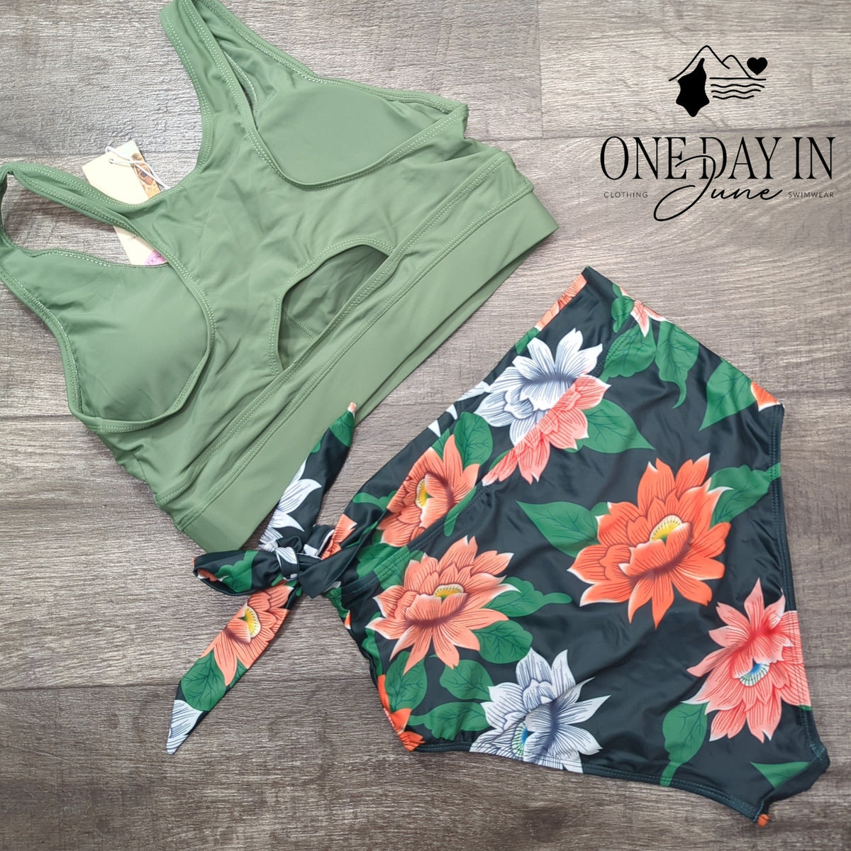Dokotoo Crop Top High Waist Floral Bikini Swimsuit Green NWT Size M