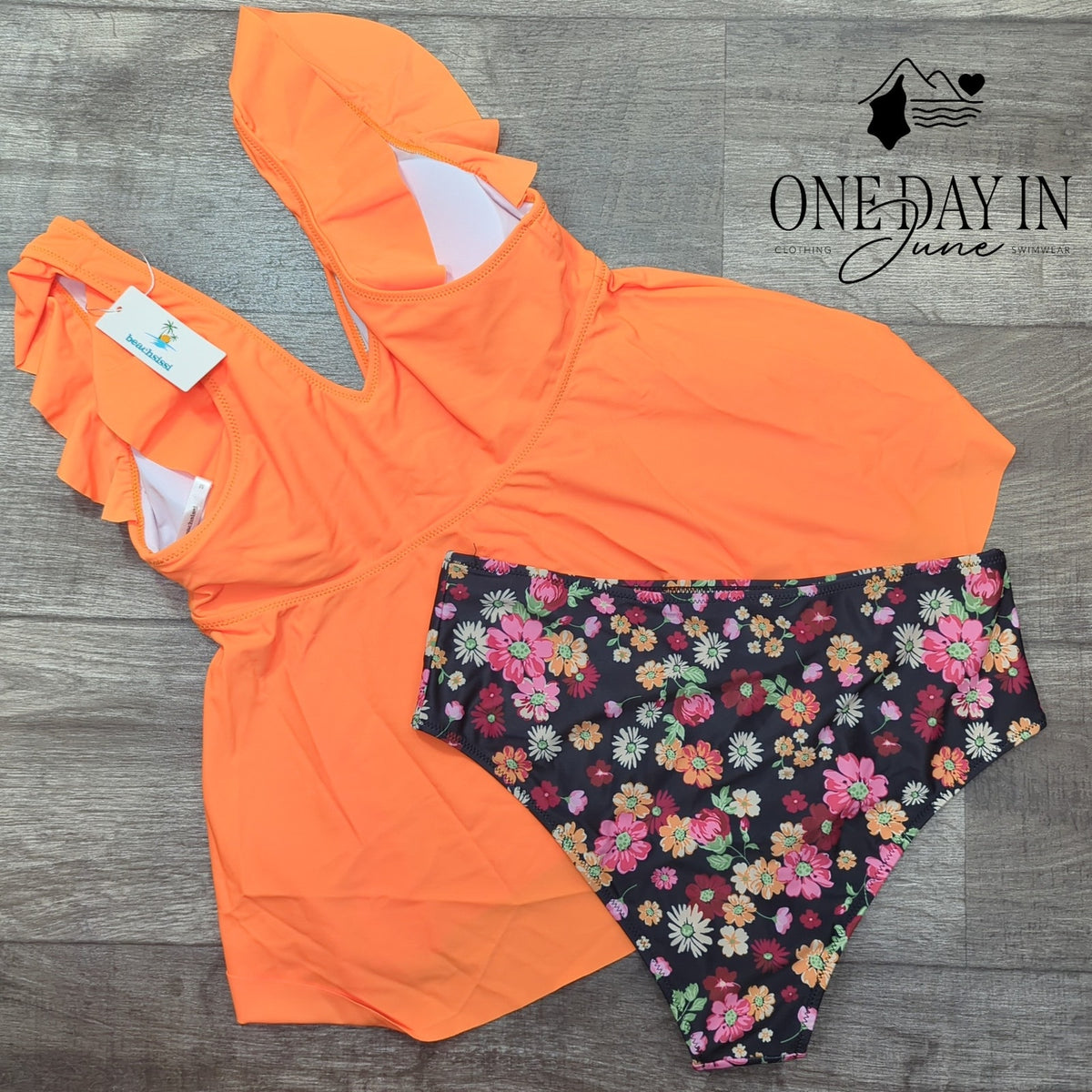 Beachsissi Ruffle V Neck Tankini High Waist Floral Swimsuit Orange NWT Size M