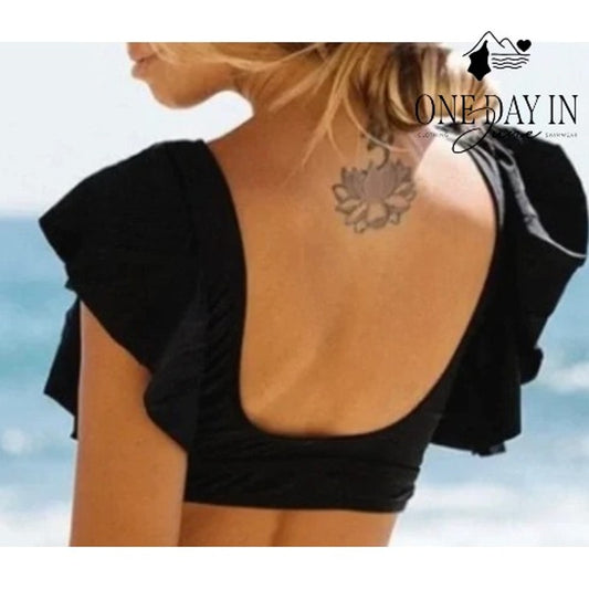 Sporlike Ruffle Shoulder High Waist Floral Bikini Swimsuit Black NWT Size L
