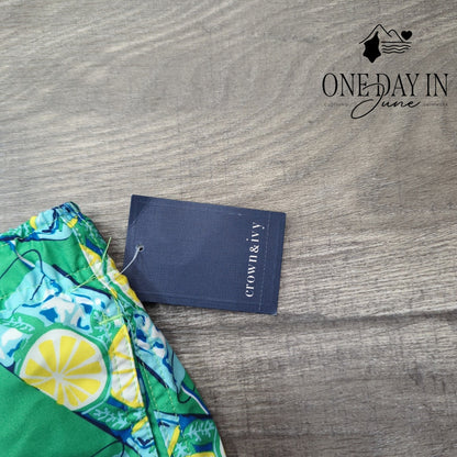 Crown & Ivy Lemon Cocktail Print Boardshort Swim Trunks Green NWT Size 3X