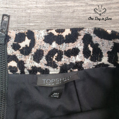 Topshop Leopard Jacquard Mini Skirt Metallic Animal Print Textured Size 2