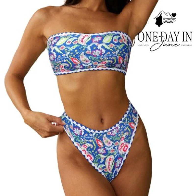 Zaful Floral Paisley Bandeau Bikini Swimsuit Blue NWT Size s