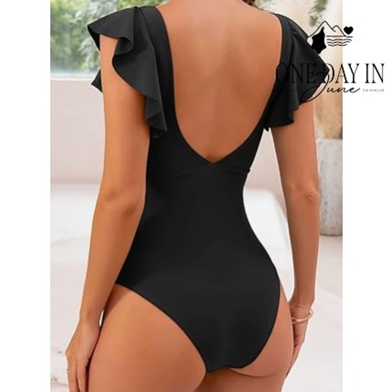 B2Prity Cross Front Cut Out Ruffle One Piece Swimsuit Black NWT Size M