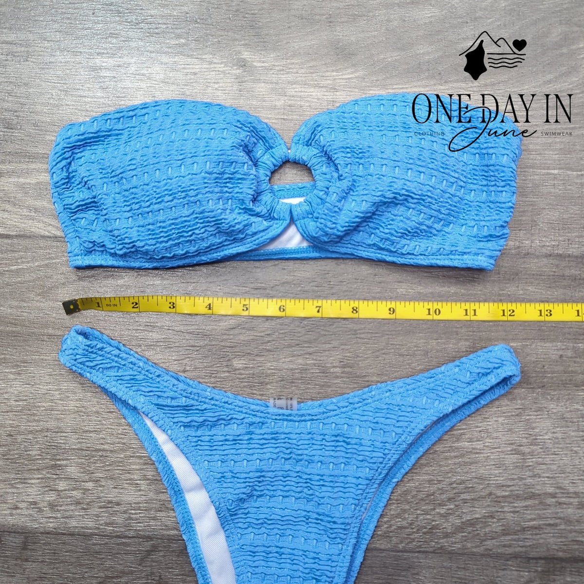 Adisputent Textured Bandeau Bikini Swimsuit Blue Ring Detail Size S