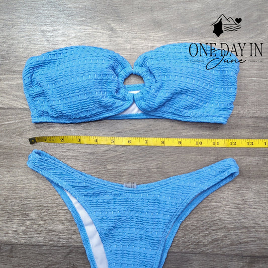 Adisputent Textured Bandeau Bikini Swimsuit Blue Ring Detail Size S