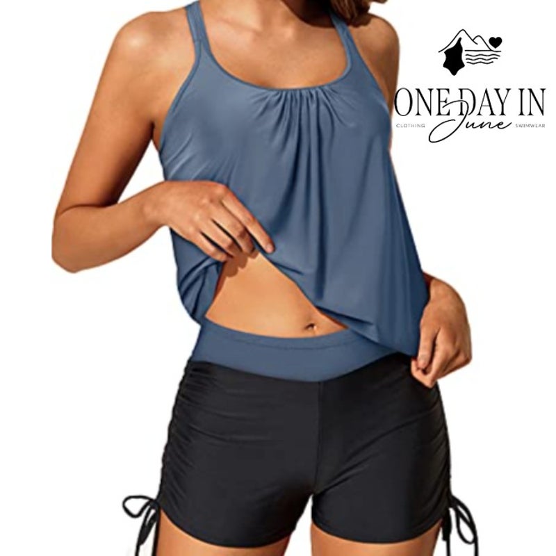Yonique Blouson Tankini Swimsuit Blue Strappy Back Boy Shorts NWT Size L