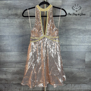 Free People Film Noir Sequin Halter Mini Dress Rose Gold Open Back NWT Size 2