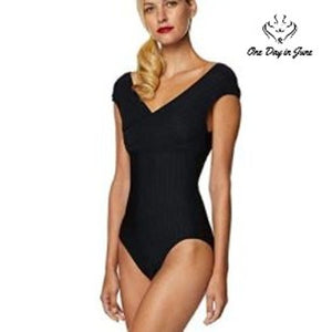Tahari Wrap Front Ribbed One Piece Swimsuit Black V Neck NWT Size S