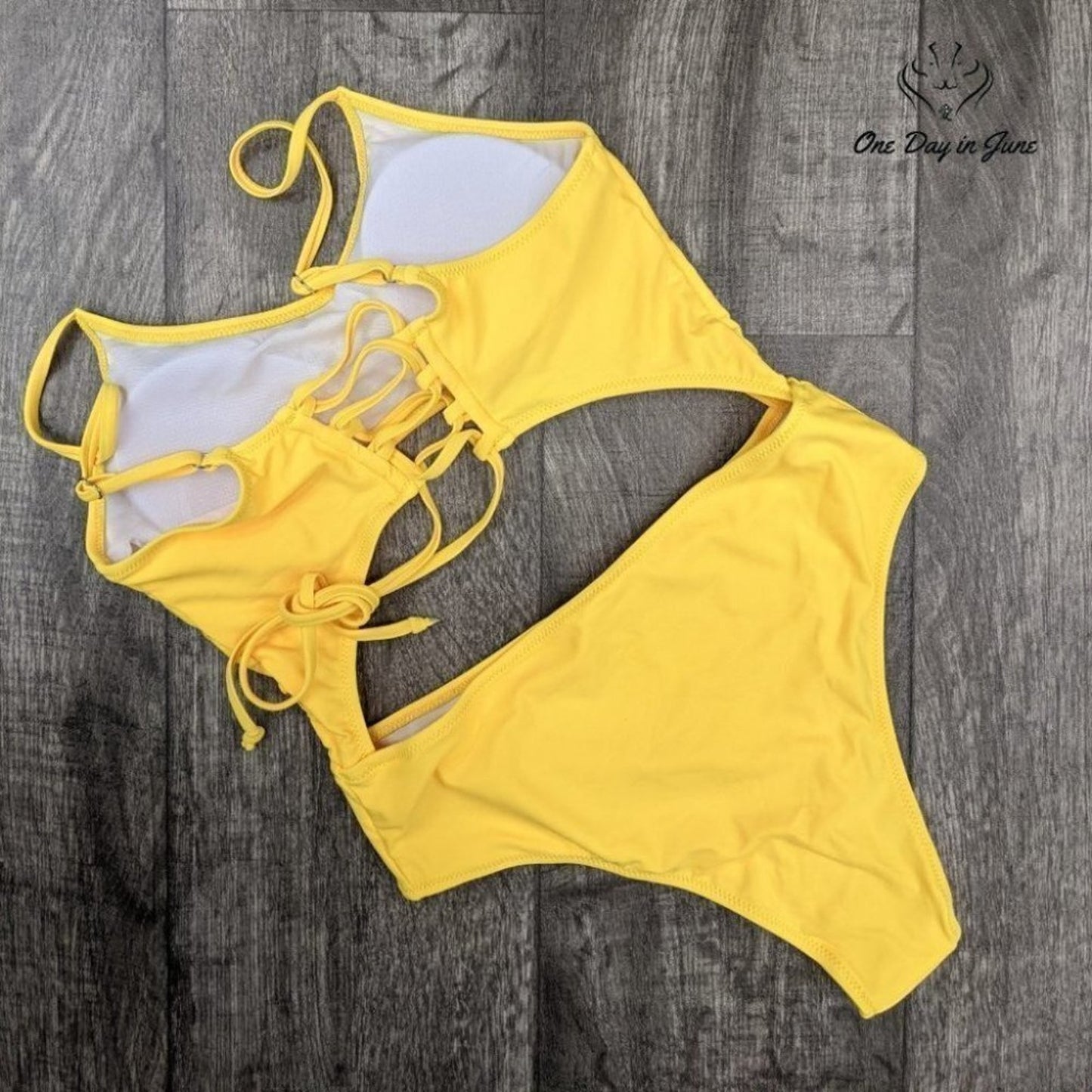 Meyeeka Cut Out High Cut One Piece Swimsuit Yellow Lace Up Monokini NWT Size L