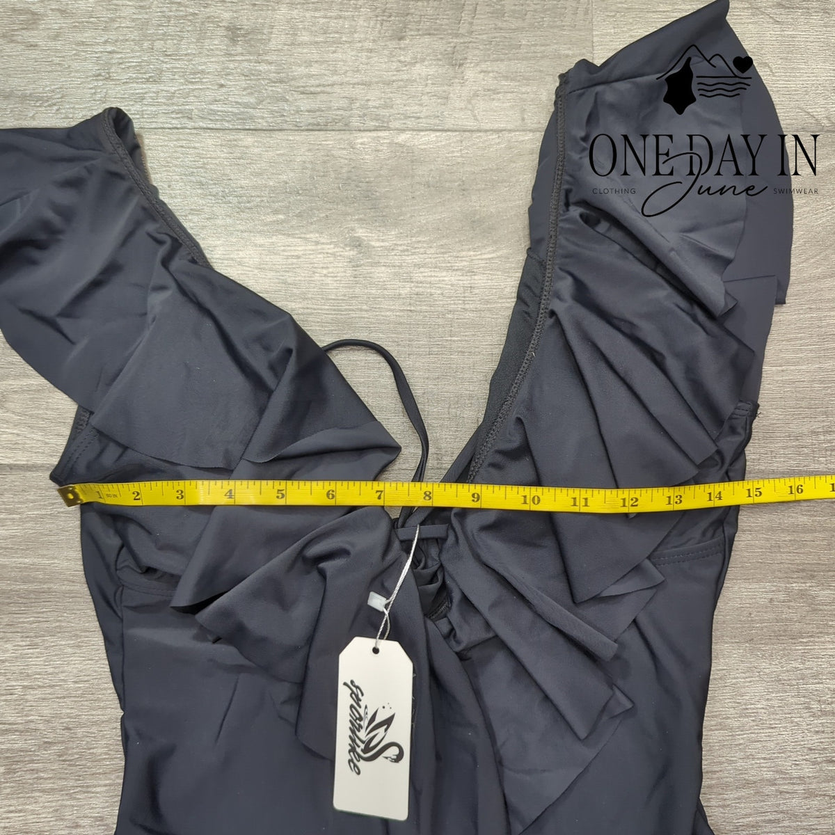 Sporlike Womens Ruffle Shoulder Deep V One Piece Swimsuit Black NWT Size M