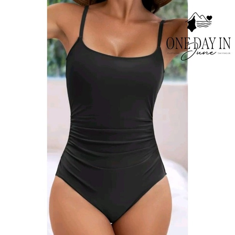 Eomenie Ribbed One Piece Swimsuit Black Ruched Tummy Control NWT Size L