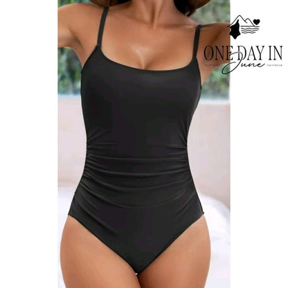 Eomenie Ribbed One Piece Swimsuit Black Ruched Tummy Control NWT Size L