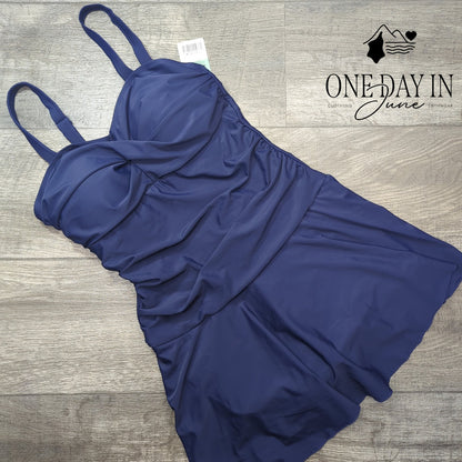 Shekini Cross Front Ruched Boyshort Swimdress One Piece Swimsuit Navy NWT Size M