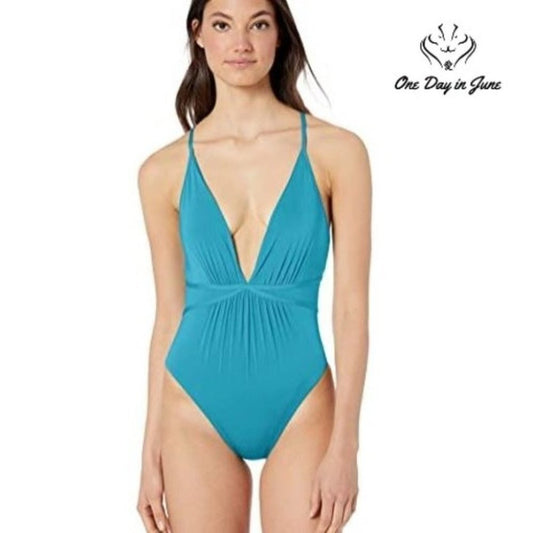 BCBGMAXAZRIA Plunging V-Neck Shirred One Piece Size 2