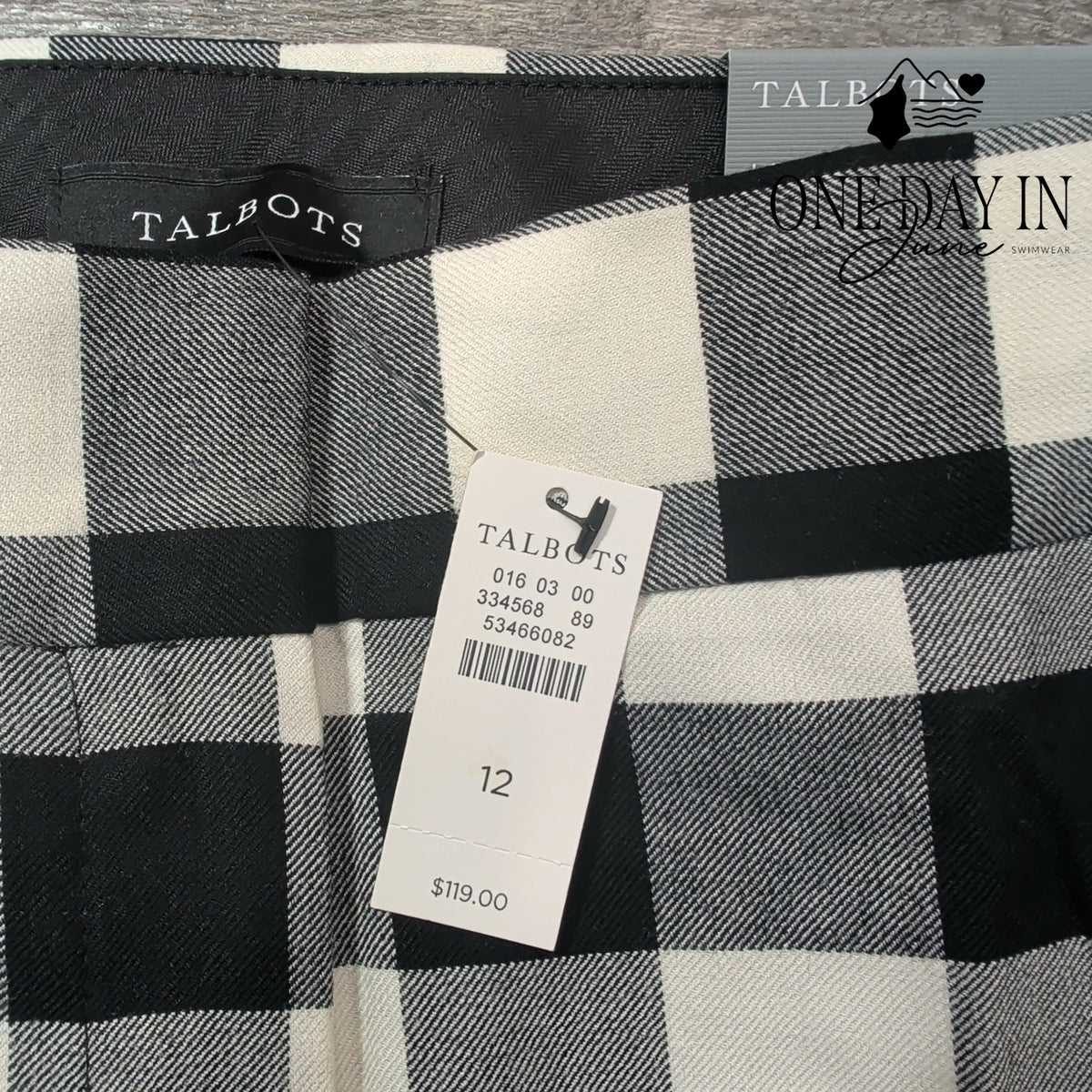 Talbots Hampshire Ankle Pants Black White Buffalo Plaid Straight Leg NWT Size 12