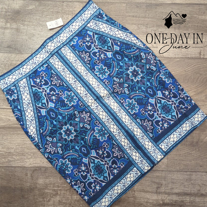 Loft Floral Border Print Pencil Skirt Blue Teal White NWT Size 14