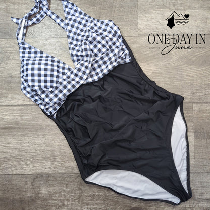 Suuksess Gingham Halter One Piece Swimsuit Black White NWT Size M
