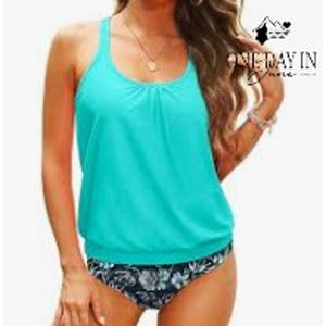 Yonique Blouson Tankini Swimsuit 2 Piece Turquoise Floral Bottoms NWT Size M