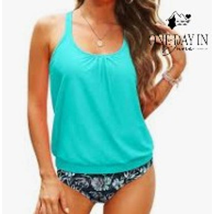 Yonique Blouson Tankini Swimsuit 2 Piece Turquoise Floral Bottoms NWT Size M
