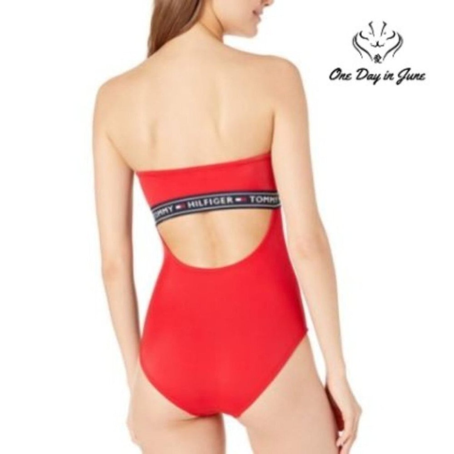 Tommy Hilfiger One Piece Swimsuit Red Strapless Logo Band NWT Size XL