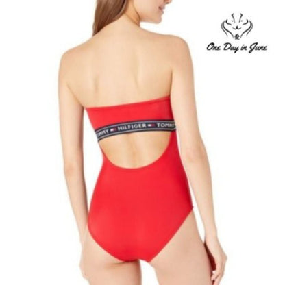 Tommy Hilfiger One Piece Swimsuit Red Strapless Logo Band NWT Size XL