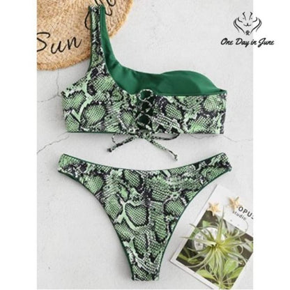Zaful Reversible Bikini Green Snakeskin One Shoulder Lace Up NWT Size S
