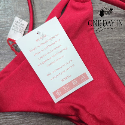 Miketai Triangle Thong Bikini Swimsuit Red Gold O-Ring NWT Size S