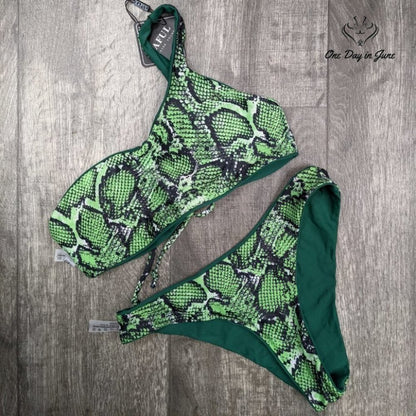 Zaful Reversible Bikini Green Snakeskin One Shoulder Lace Up NWT Size S