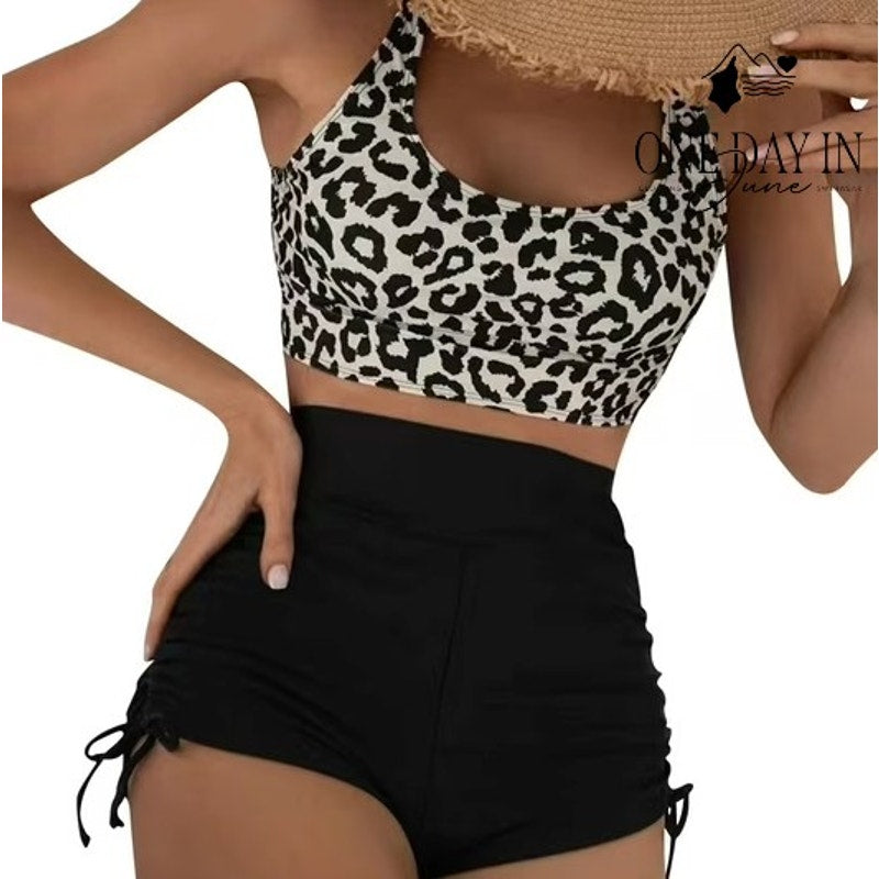 CharmLeaks Leopard Crop Bikini Swimsuit Black Drawstring Shorts Size M