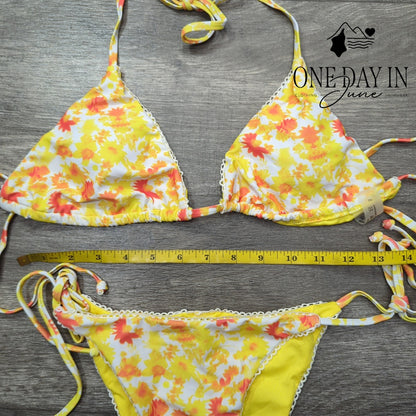 Adisputent Triangle Tie Side Bikini Swimsuit Yellow Orange Floral Size S