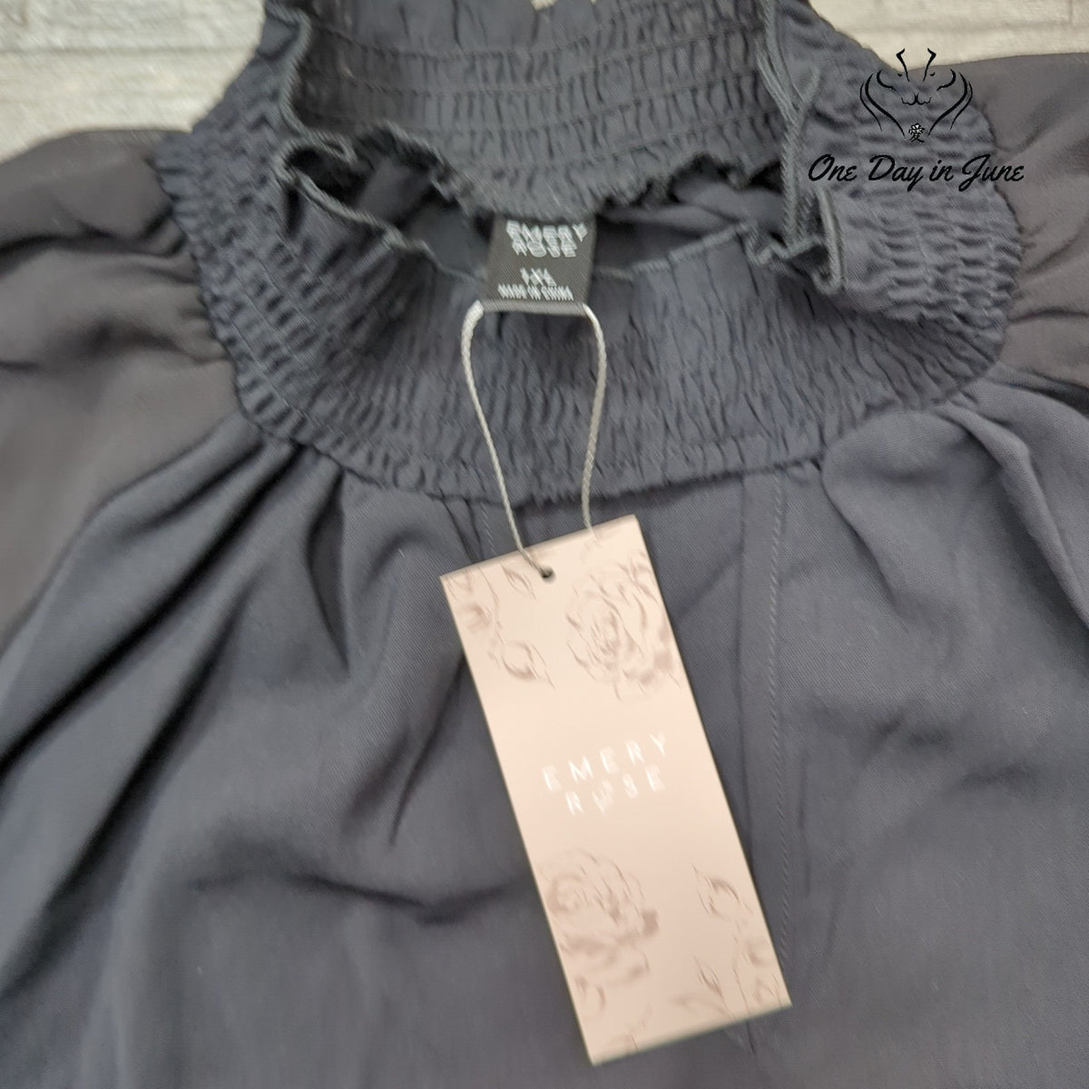 Emery Rose Sheer Blouse Black Smocked Neck Long Sleeve NWT Size 1XL