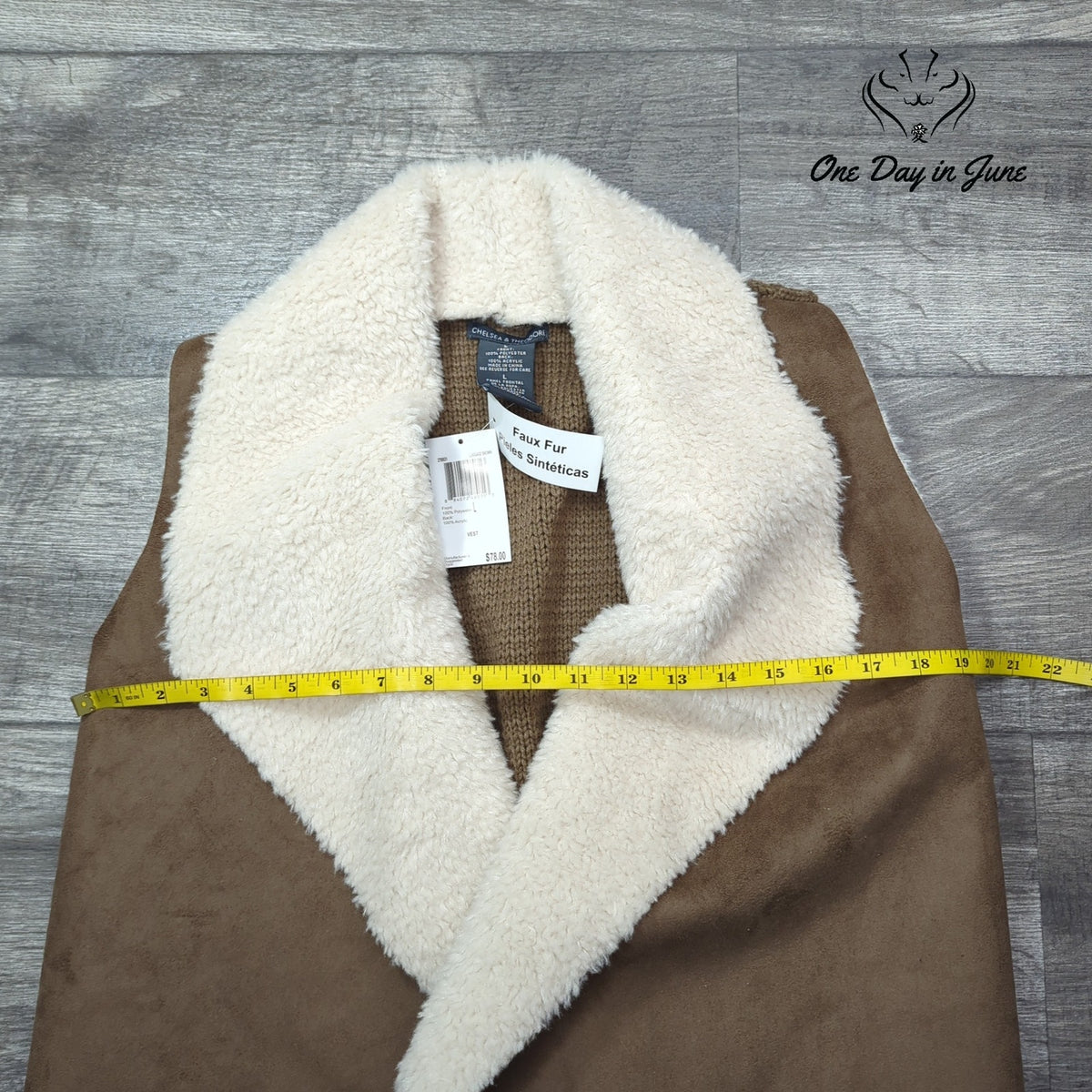 Chelsea & Theodore Faux Suede Faux Fur Sherpa Draped Vest Brown Cream NWT Size L