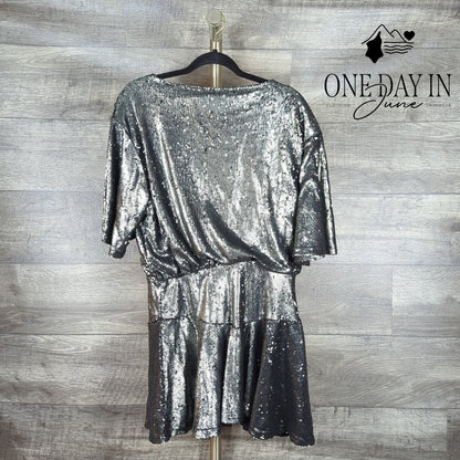 Free People Manuka Sequin Mini Dress Gunmetal Silver NWT $168 Size M