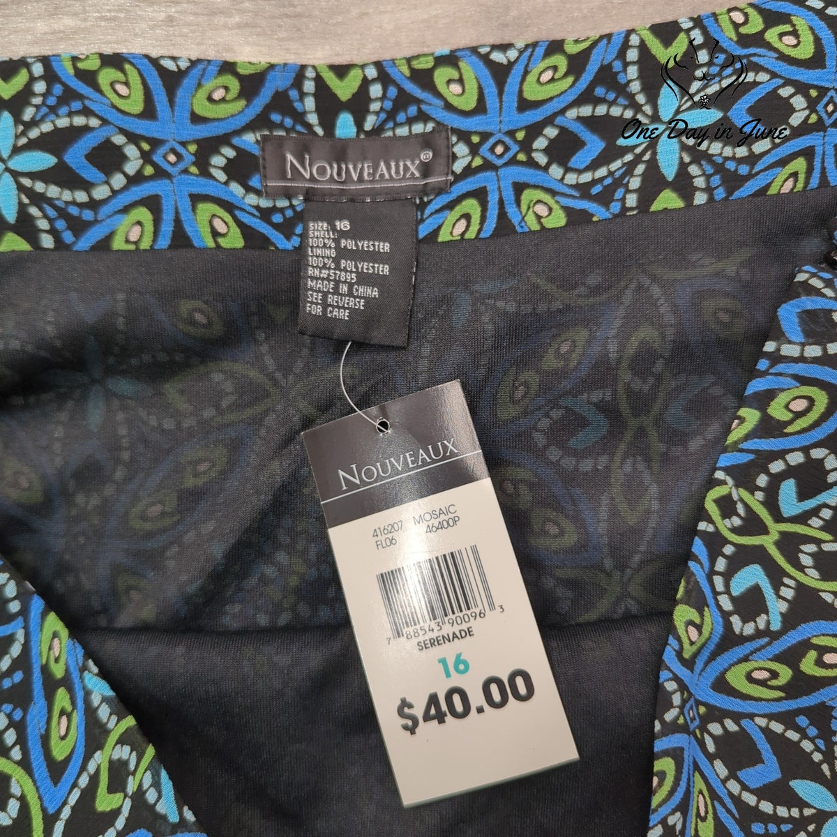 Nouveaux Mosaic Layered Skirt Blue Green Geometric Print NWT Size 16