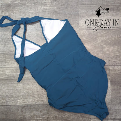 Suuksess Cross Front Halter One Piece Swimsuit Teal Blue Size M